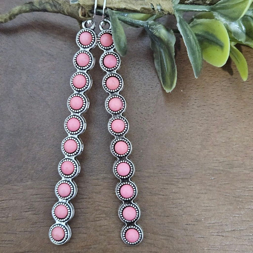 Pink Turquoise Stone Silver Statement Earrings